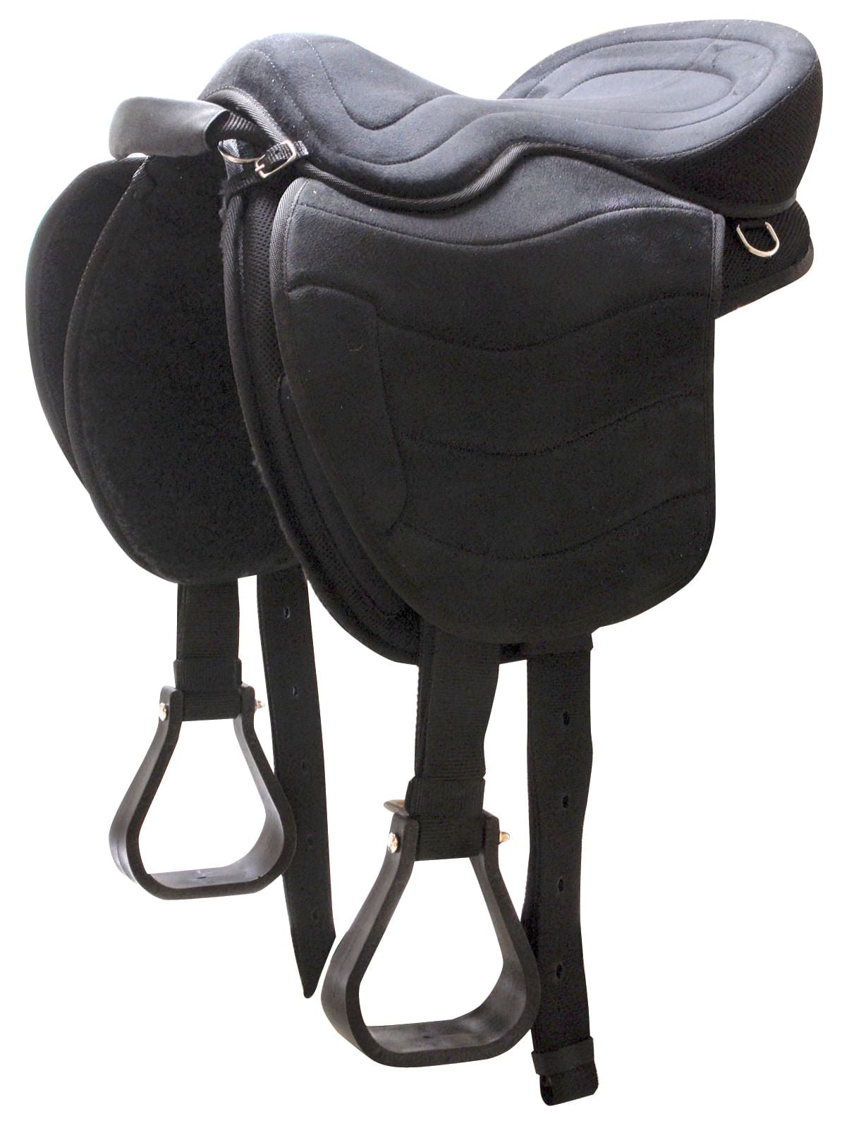 Soft saddle with stirrups and girth straps, dark finish, gray seat.