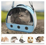Blue pet carrier bag with clear window, strap handle, and cat inside