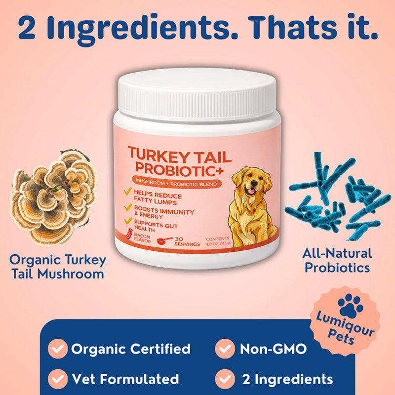 White pet supplement jar with ribbed lid; Turkey Tail Probiotic label and dog