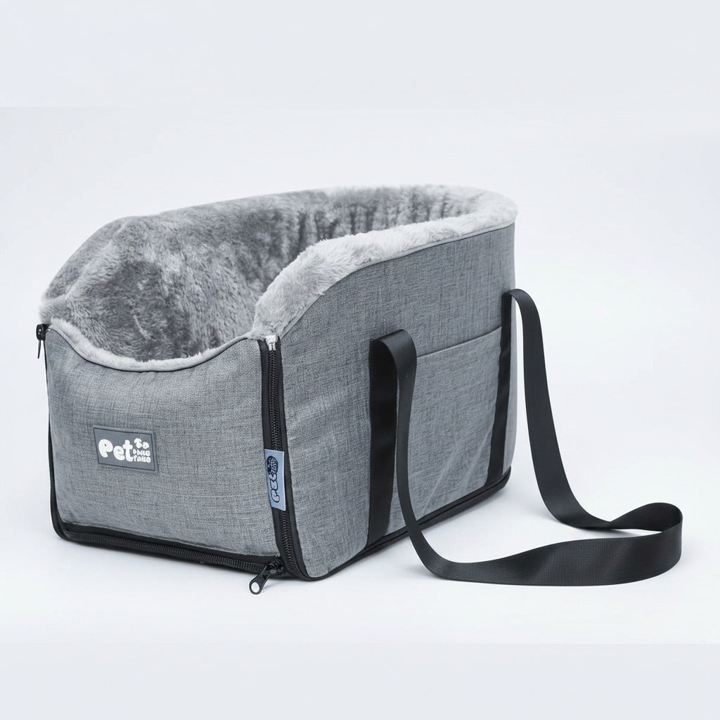 Grey pet travel car seat booster with removable soft liner and black carry strap