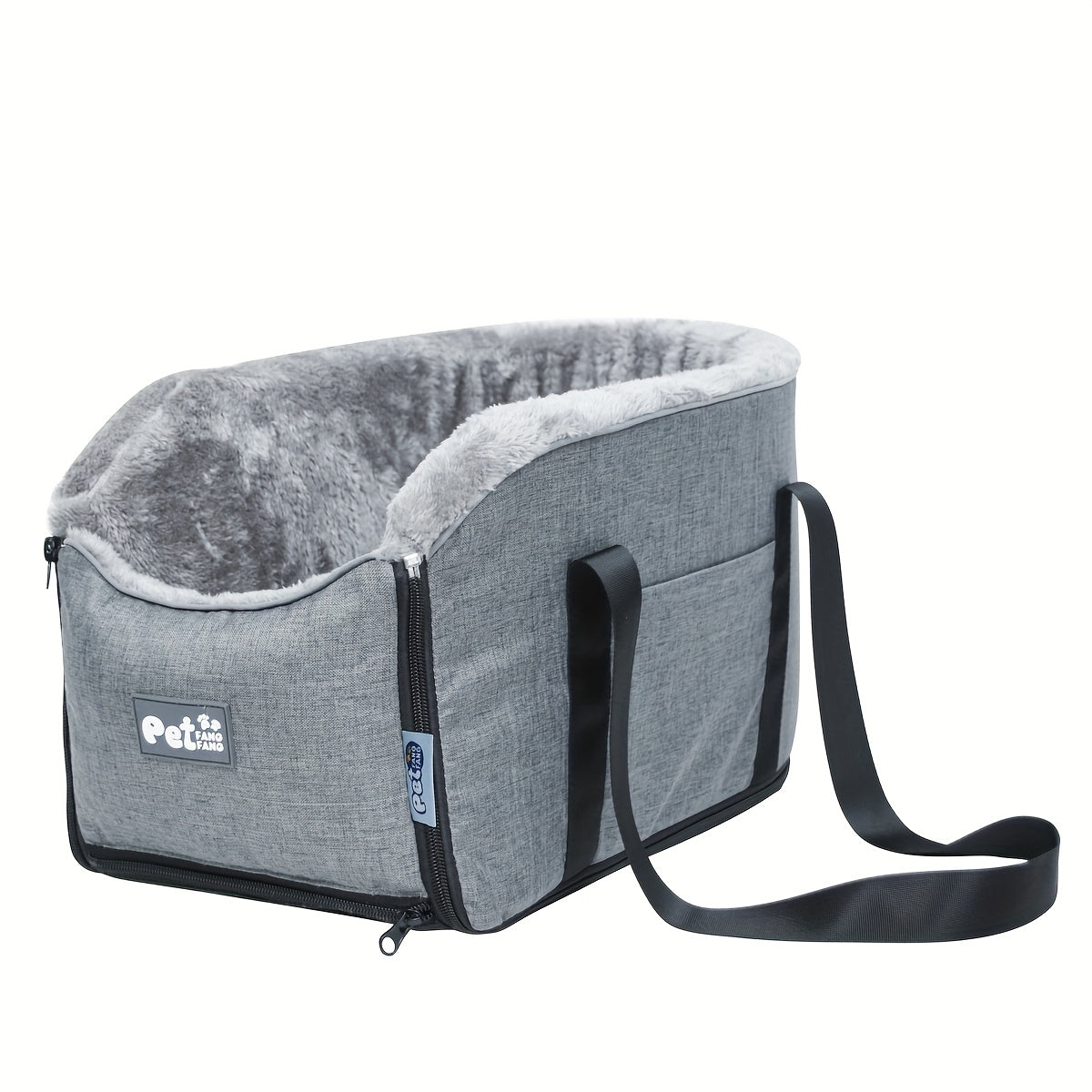 Grey pet travel carrier-style car seat with soft fleece lining and shoulder strap