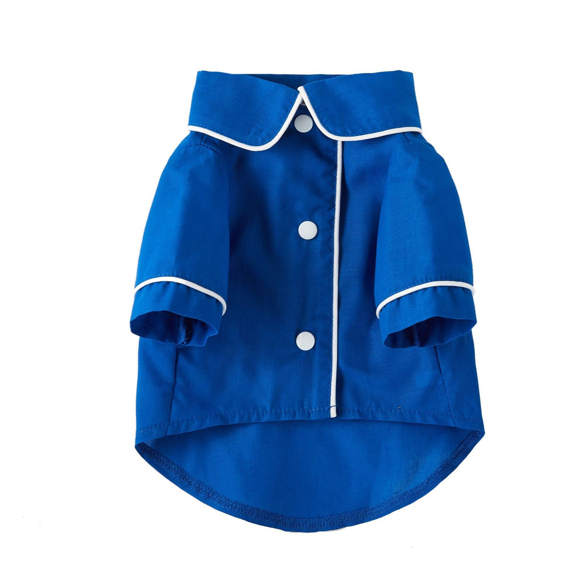 Small blue pet dog jacket with white trim, snap buttons, and cuffed sleeve openings