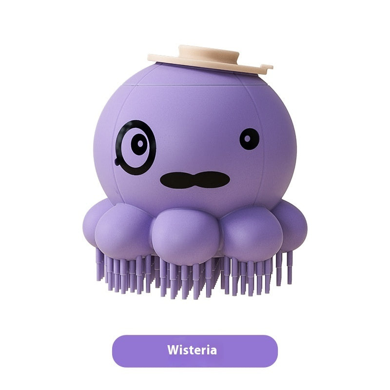 Pet shower brush silicone bath massage comb, purple rounded character with silicone bristles