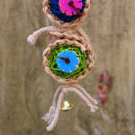 Braided rope bird toy with blue gear wheel ball and small hanging bell