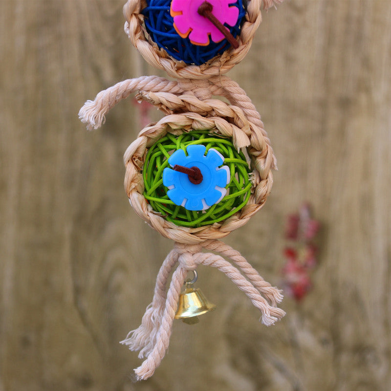 Braided rope bird toy with blue gear wheel ball and small hanging bell
