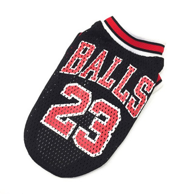 Black mesh basketball jersey with “BALLS 23” front text and striped collar