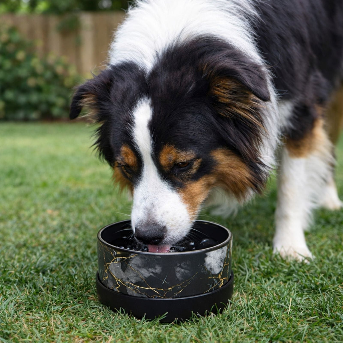 Black ceramic pet bowl with gold marble trim on grass, with a dog eating
