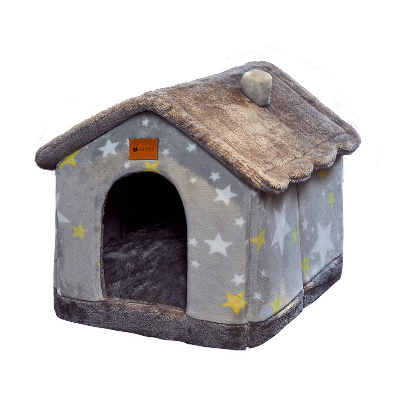 Gray plush pet house bed with star pattern, round entrance, and removable top