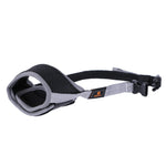 Gray-and-black adjustable pet muzzle mask with mesh guard and buckle