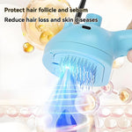 Pet steam brush with light-blue body and textured cleaning plate with steam effect