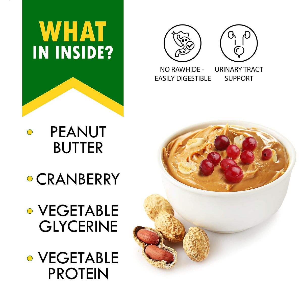 Bowl of peanut-butter dip with cranberry pieces beside bone-shaped dog treats
