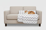 Reversible pet bed and chair cover set with gray-and-white chevron quilt front