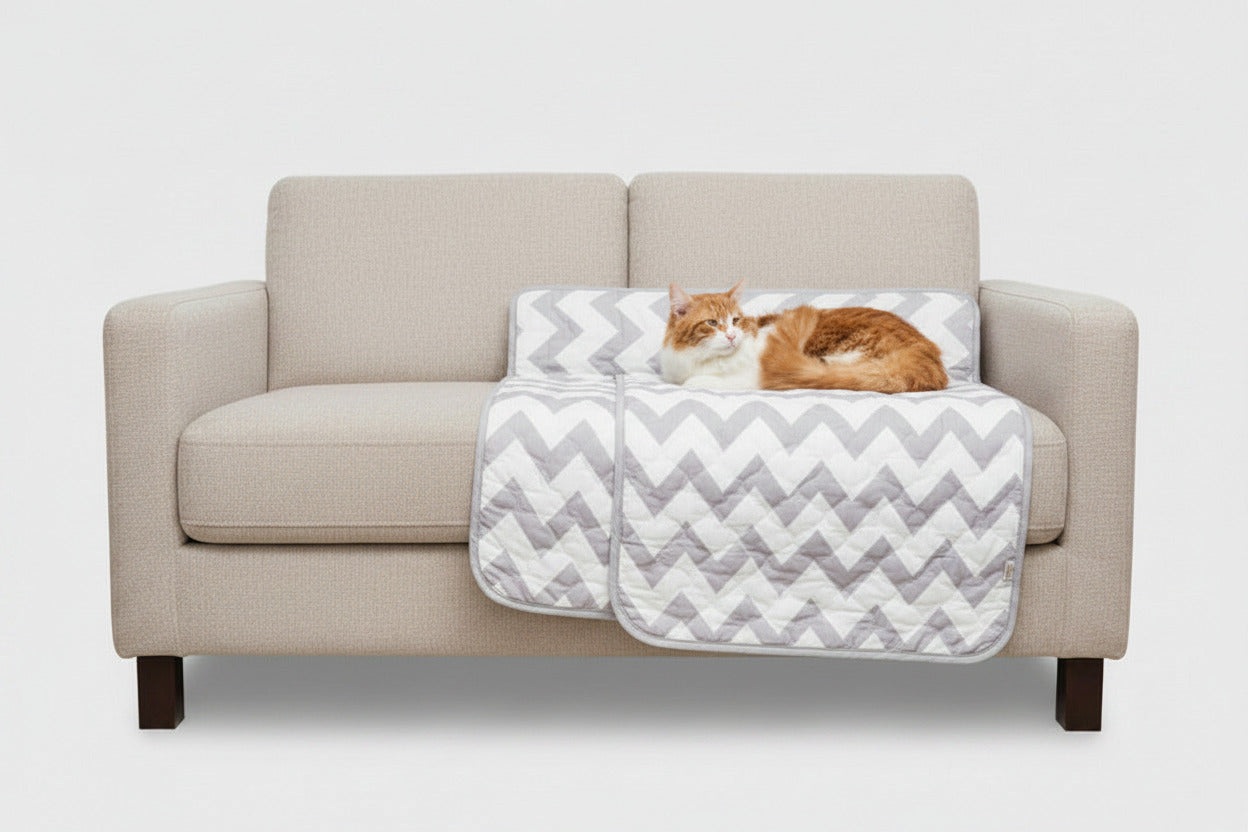 Reversible pet bed and chair cover set with gray-and-white chevron quilt front