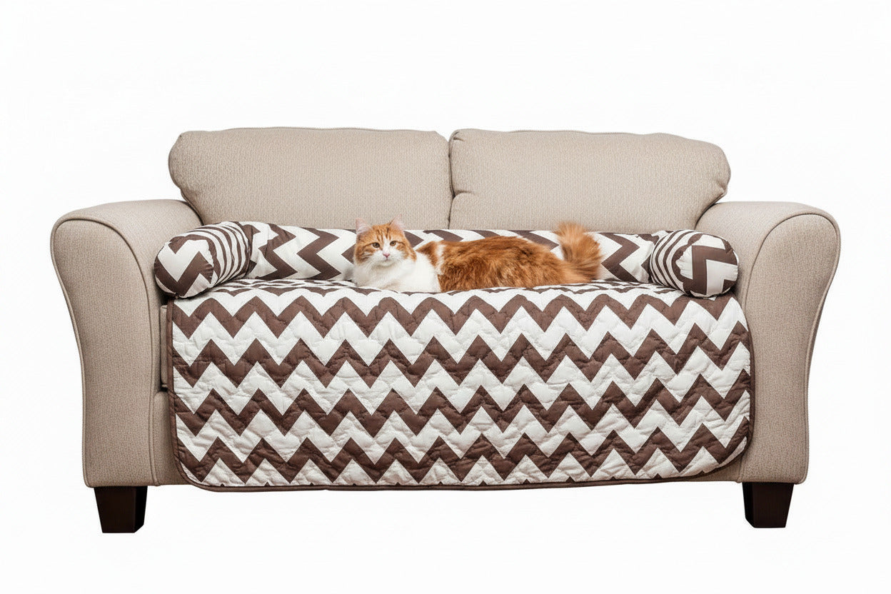 Reversible pet bed and chair cover set with brown-and-white chevron quilt top