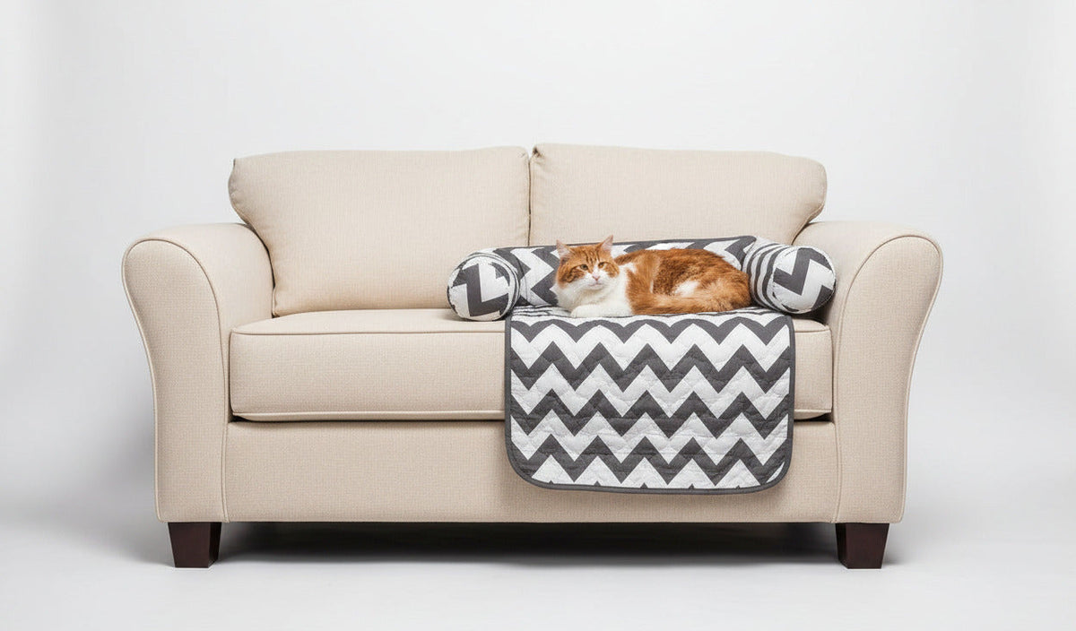 Reversible pet bed and chair cover set with black-and-white chevron quilt top