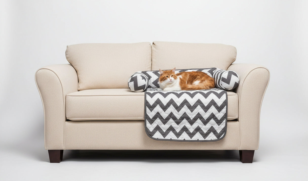 Reversible pet bed and chair cover set with black-and-white chevron quilt top