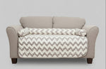 Reversible pet bed and chair cover set with gray-and-white chevron quilt top