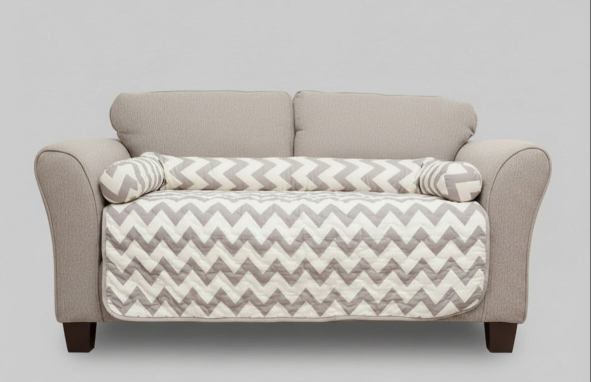 Reversible pet bed and chair cover set with gray-and-white chevron quilt top