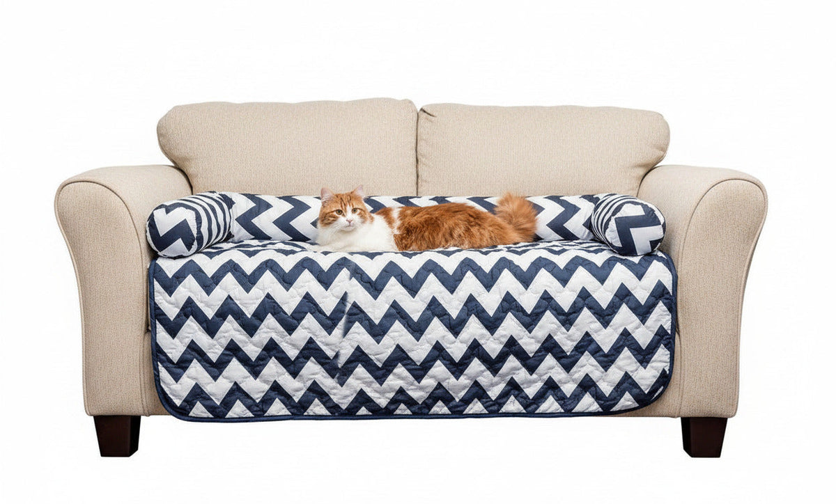 Reversible pet bed and chair cover set with navy-and-white chevron quilt top