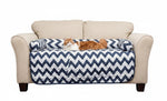 Reversible pet bed and chair cover set with navy-and-white chevron quilt top