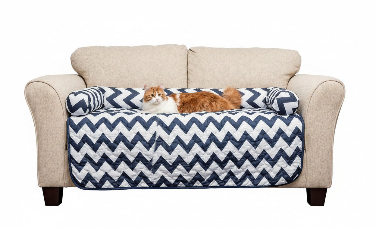 Reversible pet bed and chair cover set with navy-and-white chevron quilt top