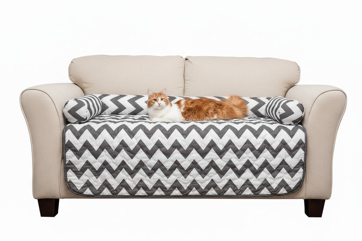 Reversible pet bed and chair cover set with gray-and-white chevron quilt front
