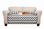 Reversible pet bed and chair cover set with gray-and-white chevron quilt front
