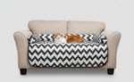 Reversible pet bed and chair cover set with black-and-white chevron quilt front