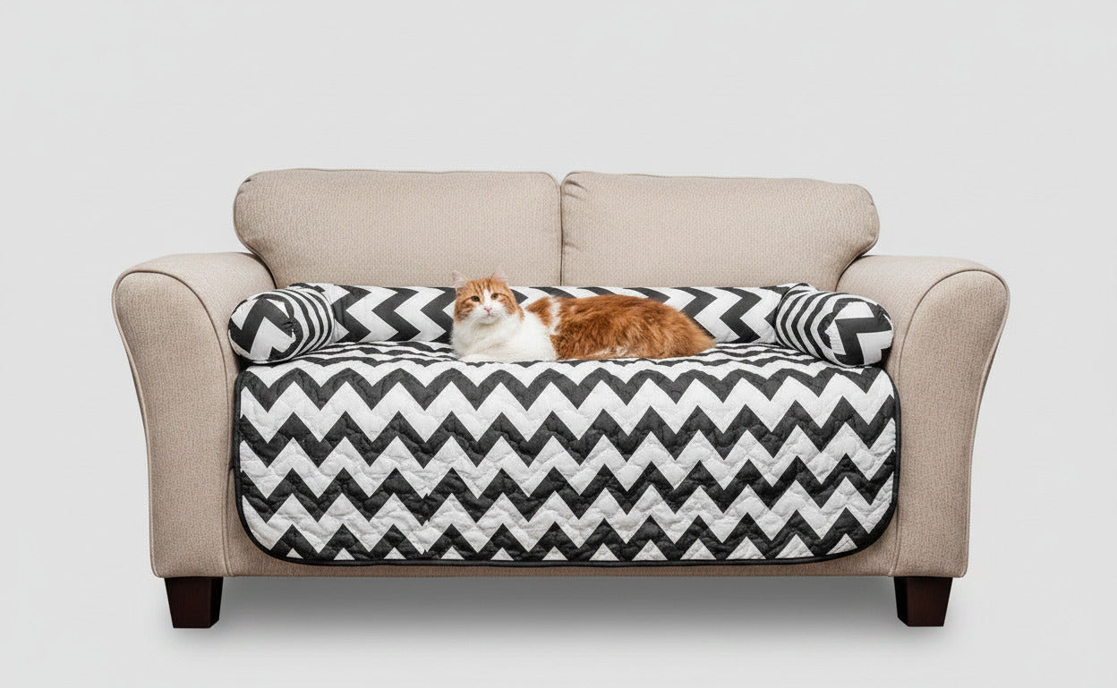 Reversible pet bed and chair cover set with black-and-white chevron quilt front