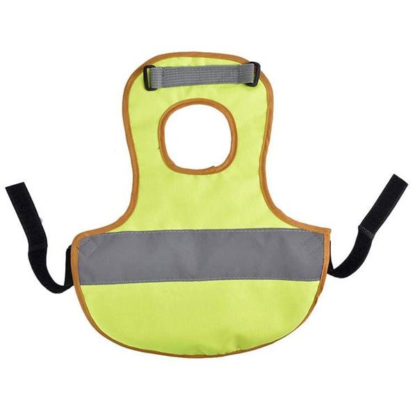 Protection vest for birds, neon yellow with gray front panel, rounded neck cutout