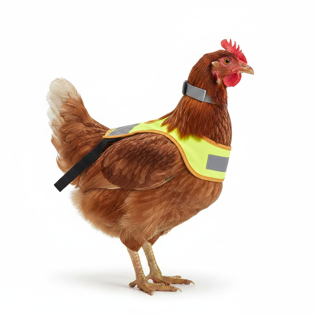 Chicken protection vest, neon yellow with gray reflective panels and black neck strap