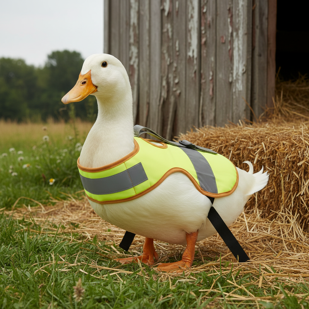 Chicken protection vest in neon yellow-green with gray reflective bands and black leg straps