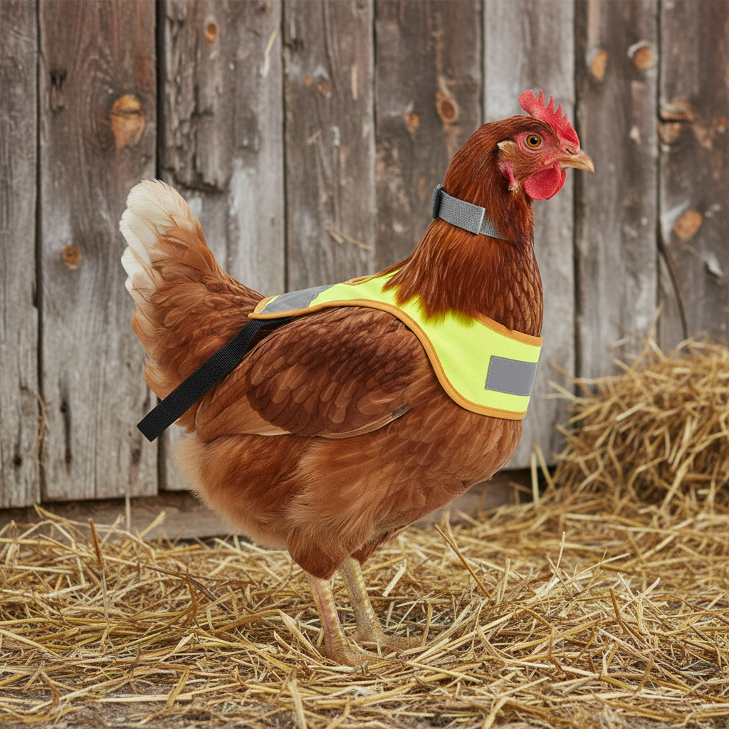 Chicken protection vest in yellow-green with gray reflective bands and black straps