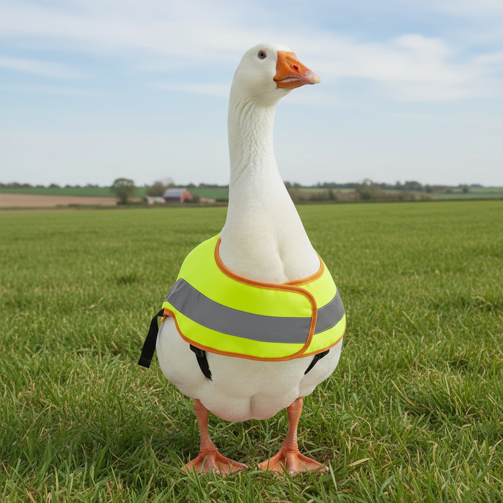 Chicken protection vest in neon yellow-green with gray reflective bands and black side straps