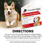 Dog with detox supplement tablets box for chocolate ingestion and directions