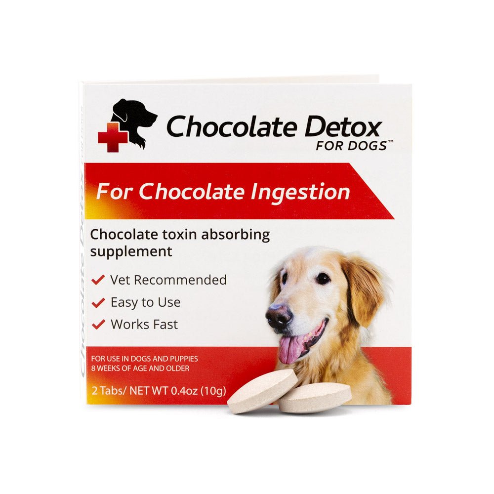Chocolate Detox for Dogs tablets box, chocolate ingestion supplement with dog image