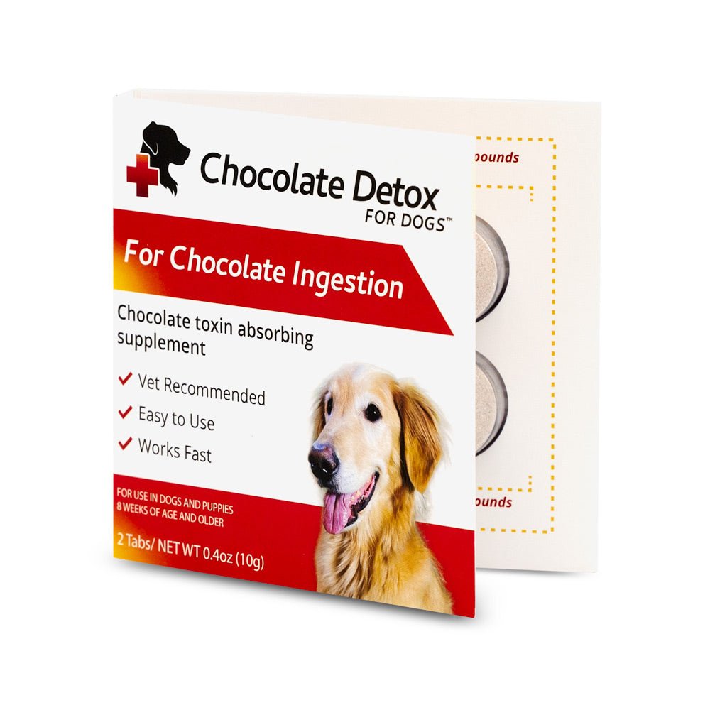 Chocolate Detox for Dogs tablets box with tablet blister card behind