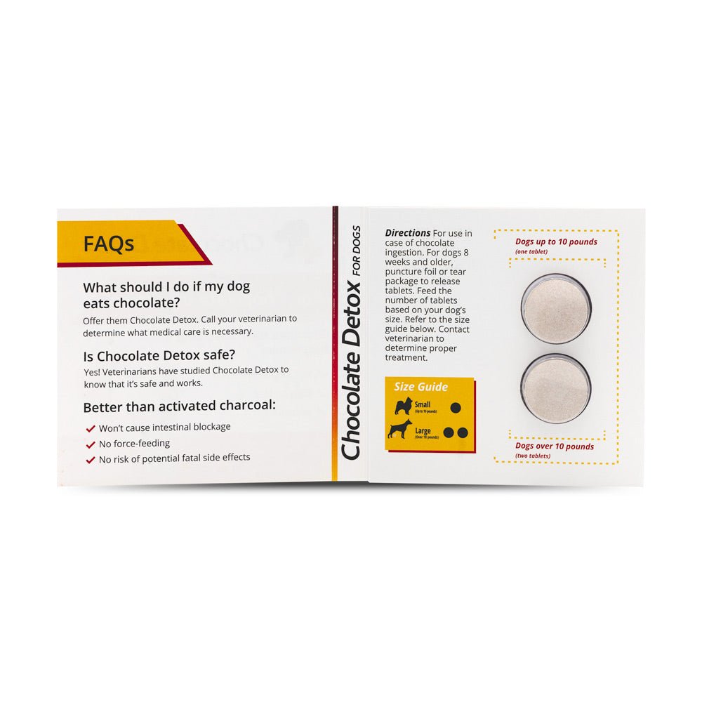 Chocolate Detox for Dogs supplement box with FAQ and size guide