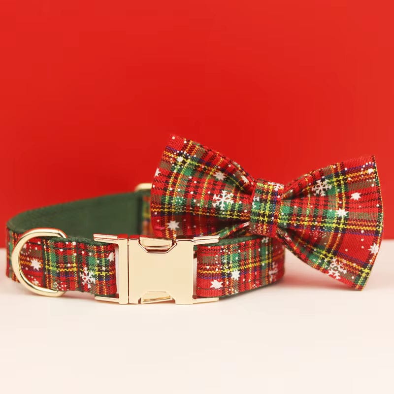 Plaid dog collar with gold buckle and matching bow tie