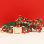 Plaid dog collar with gold buckle and matching bow tie