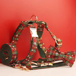 Plaid dog harness set with gold hardware, leash clip, and leash loop