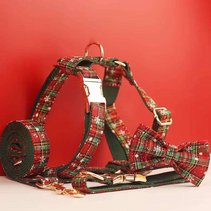 Plaid dog harness set with gold hardware, leash clip, and leash loop