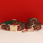 Plaid dog collar and matching leash with gold buckles