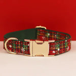 Plaid dog collar with gold buckle and D-ring