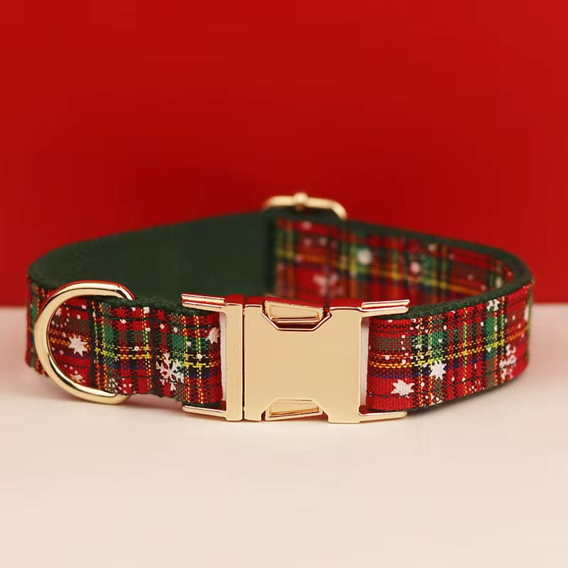 Plaid dog collar with gold buckle and D-ring