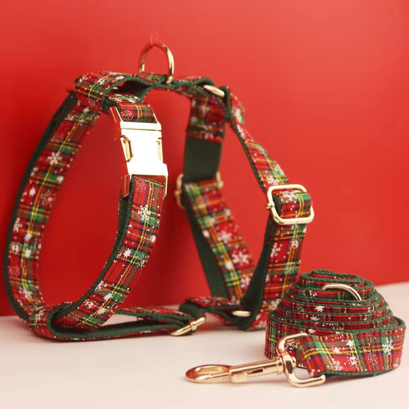 Plaid dog harness with gold buckles and D-ring leash clip