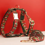 Plaid dog harness with gold buckles and D-ring leash clip