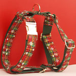 Plaid dog harness with adjustable straps and gold hardware