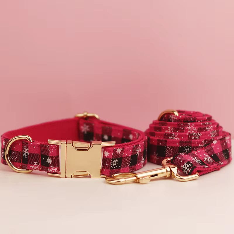 Red plaid dog collar and leash set with bowtie, gold hardware