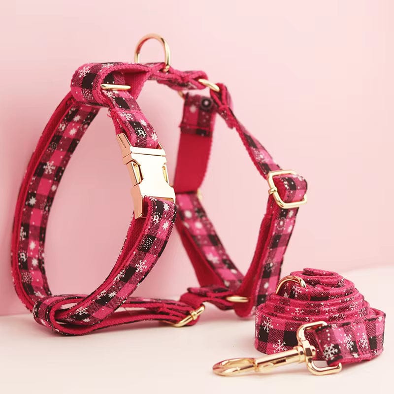 Red plaid dog harness set with matching leash and gold D-ring accents